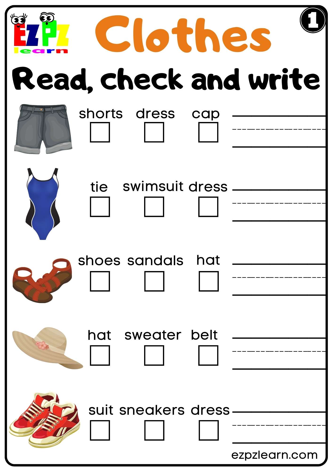 Clothes Read Check and Write Worksheet Kindergarten K5 and ESL set 1